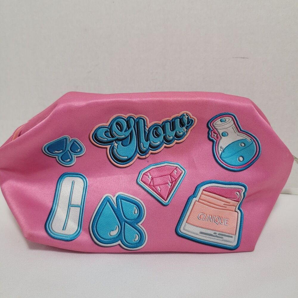 Clinique Satin Pink Cosmetic Bag Fun Glow Patch Icons Zipper Closure